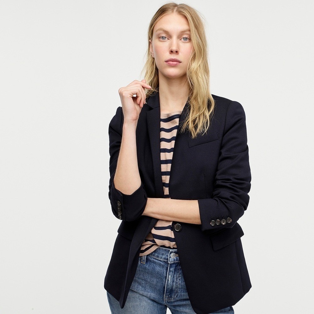 J. CREW Regent Blazer Navy Blue Wool Flannel Striped Lining Single Button 12